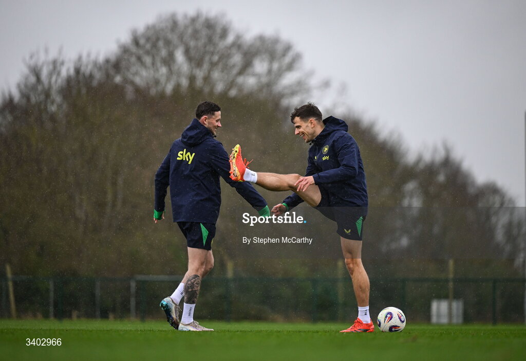 24 March 2026; Jayson Molumby, right, and Alan Browne during a Republic of Ireland men's training session at the FAI National Training Centre in Abbotstown, Dublin. Photo by Stephen McCarthy/Sportsfile
