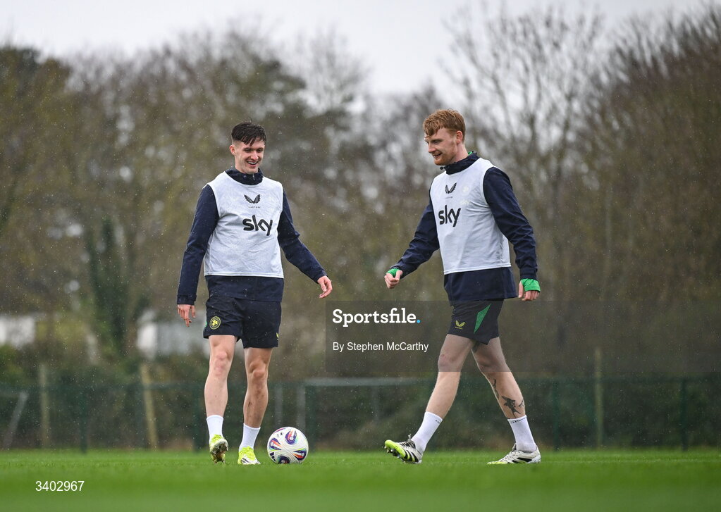 24 March 2026; Johnny Kenny, left, and Liam Scales during a Republic of Ireland men's training session at the FAI National Training Centre in Abbotstown, Dublin. Photo by Stephen McCarthy/Sportsfile