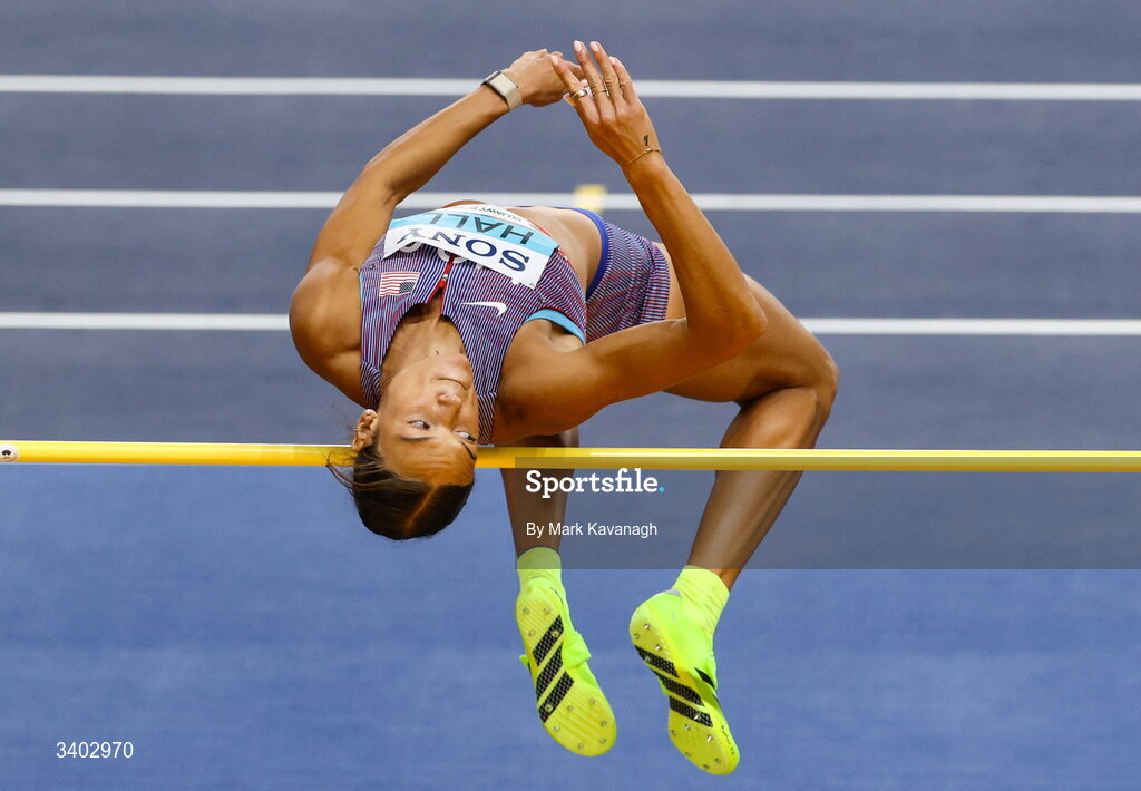22 March 2026; Anna Hall of United States competes in the high jump of the pentathlon during day three of the World Athletics Indoor Championships at Kujawsko-Pomorska Arena in Torun, Poland. Photo by Mark Kavanagh/Sportsfile