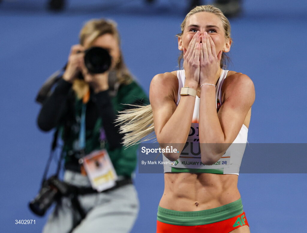 22 March 2026; Szabina Szucs of Hungary celebrates after running a personal best of 8.21 in the women's 60m hurdles of the pentathlon during day three of the World Athletics Indoor Championships at Kujawsko-Pomorska Arena in Torun, Poland. Photo by Mark Kavanagh/Sportsfile