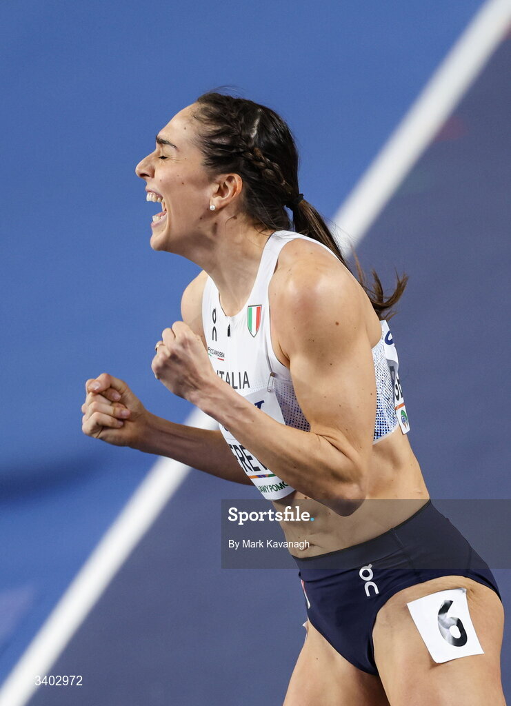 22 March 2026; Sveva Gerevini of Italy celebrates after running a personal best of 8.25 in the women's 60m hurdles of the pentathlon during day three of the World Athletics Indoor Championships at Kujawsko-Pomorska Arena in Torun, Poland. Photo by Mark Kavanagh/Sportsfile