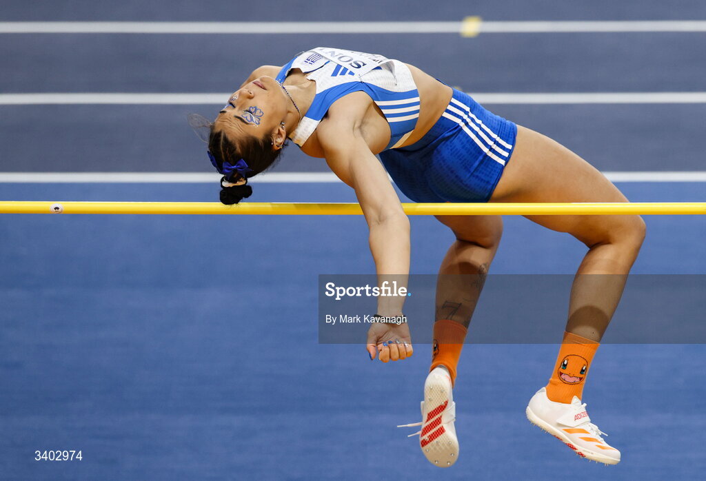 22 March 2026; Anastasia Ntragkomirova of Greece competing in the high jump of the pentathlon during day three of the World Athletics Indoor Championships at Kujawsko-Pomorska Arena in Torun, Poland. Photo by Mark Kavanagh/Sportsfile