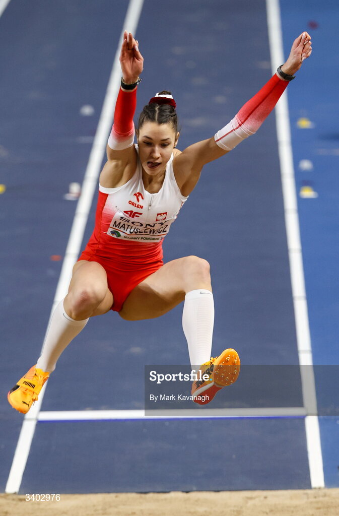 22 March 2026; Anna Matuszewicz of Poland competes in the women's long jump final during day three of the World Athletics Indoor Championships at Kujawsko-Pomorska Arena in Torun, Poland. Photo by Mark Kavanagh/Sportsfile