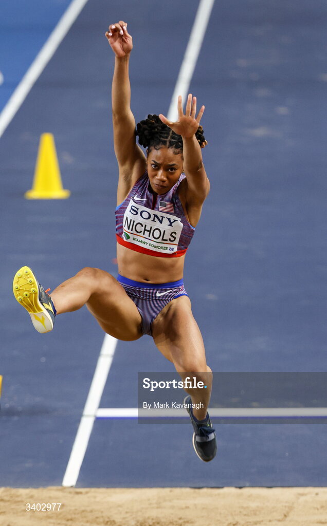 22 March 2026; Monae' Nichols of United States  competes in the women's long jump final during day three of the World Athletics Indoor Championships at Kujawsko-Pomorska Arena in Torun, Poland. Photo by Mark Kavanagh/Sportsfile