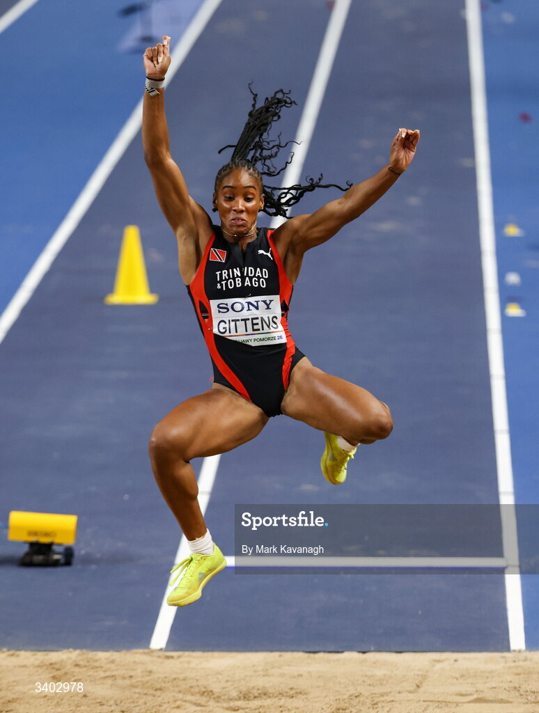 22 March 2026; Tyra Gittens of Trinidad and Tobago competes in the women's long jump final during day three of the World Athletics Indoor Championships at Kujawsko-Pomorska Arena in Torun, Poland. Photo by Mark Kavanagh/Sportsfile