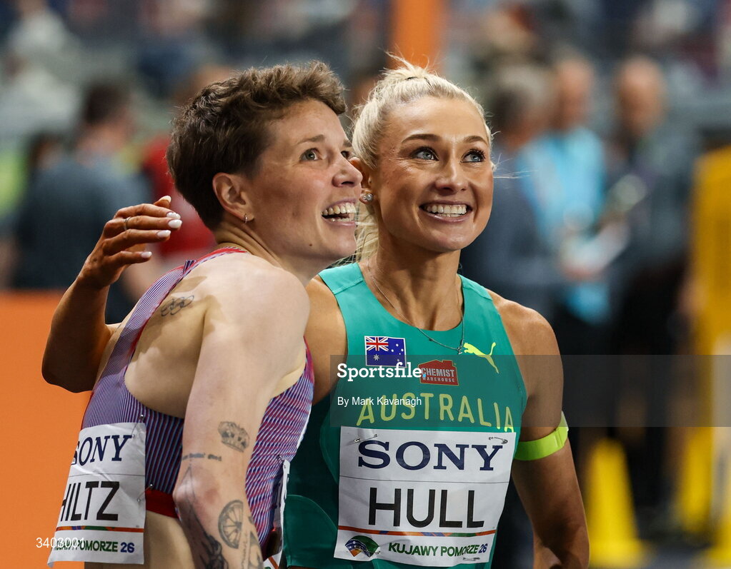 22 March 2026; Jessica Hull of Australia, right, and Nikki Hiltz of United States, left, after finishing second and third respectively in the women's 1500m final during day three of the World Athletics Indoor Championships at Kujawsko-Pomorska Arena in Torun, Poland. Photo by Mark Kavanagh/Sportsfile