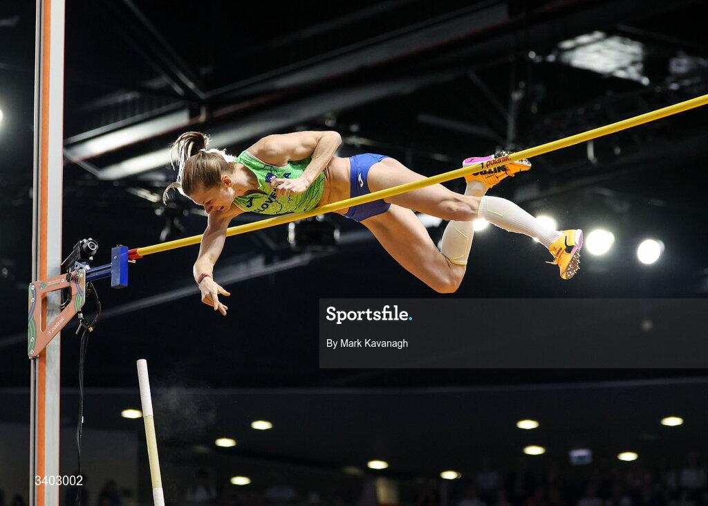 22 March 2026; Tina Šutej of Slovenia competing in the women's pole vault final during day three of the World Athletics Indoor Championships at Kujawsko-Pomorska Arena in Torun, Poland. Photo by Mark Kavanagh/Sportsfile