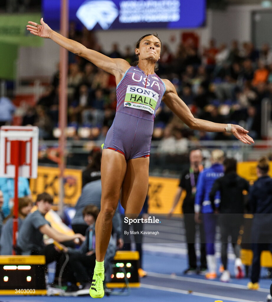 22 March 2026; Anna Hall of United States competing in the long jump of the pentathlon during day three of the World Athletics Indoor Championships at Kujawsko-Pomorska Arena in Torun, Poland. Photo by Mark Kavanagh/Sportsfile