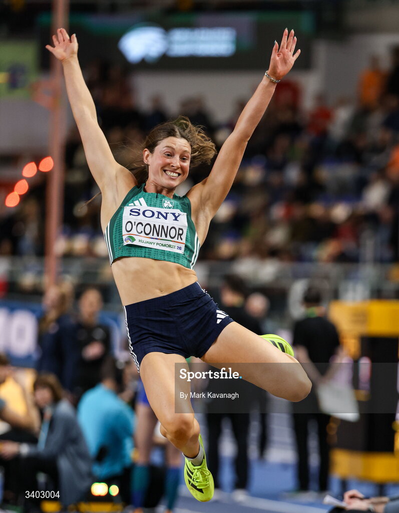 22 March 2026; Kate O'Connor of Ireland competes in the long jump of the pentathlon during day three of the World Athletics Indoor Championships at Kujawsko-Pomorska Arena in Torun, Poland. Photo by Mark Kavanagh/Sportsfile
