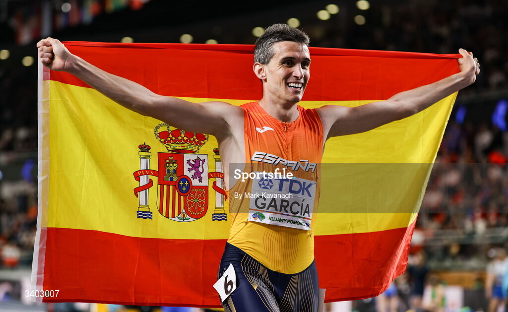22 March 2026; Mariano García of Spain after winning the men's 1500m final during day three of the World Athletics Indoor Championships at Kujawsko-Pomorska Arena in Torun, Poland. Photo by Mark Kavanagh/Sportsfile