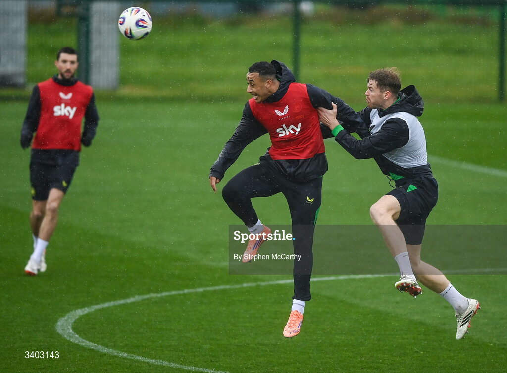 24 March 2026; Adam Idah and Nathan Collins, right, during a Republic of Ireland men's training session at the FAI National Training Centre in Abbotstown, Dublin. Photo by Stephen McCarthy/Sportsfile