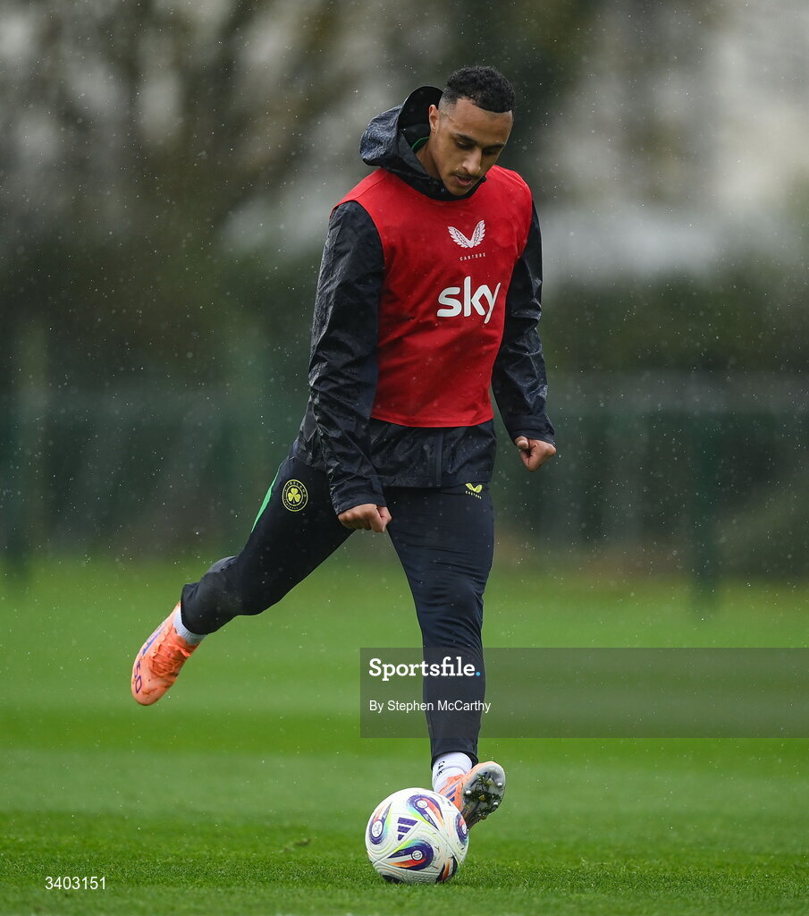 24 March 2026; Adam Idah during a Republic of Ireland men's training session at the FAI National Training Centre in Abbotstown, Dublin. Photo by Stephen McCarthy/Sportsfile
