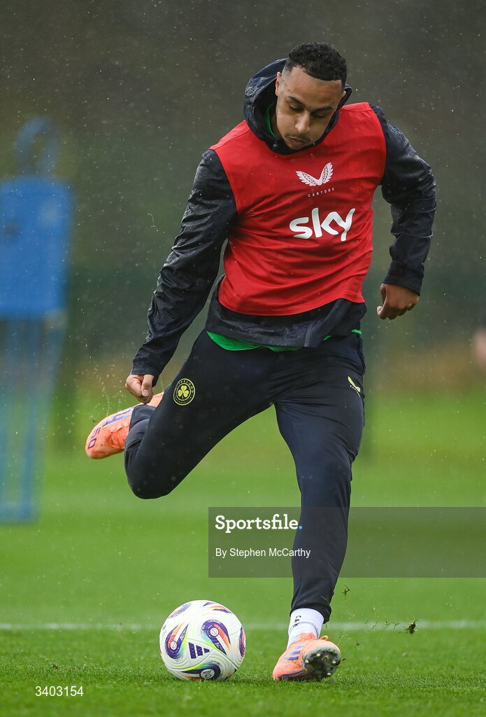 24 March 2026; Adam Idah during a Republic of Ireland men's training session at the FAI National Training Centre in Abbotstown, Dublin. Photo by Stephen McCarthy/Sportsfile