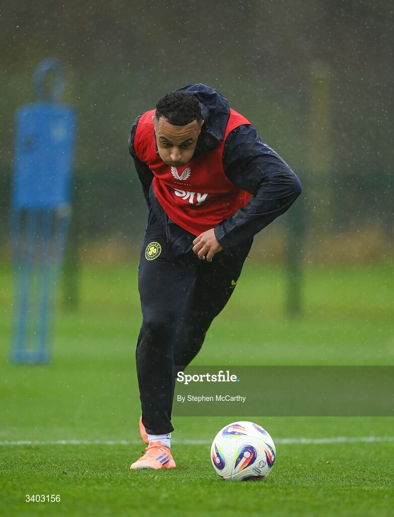 24 March 2026; Adam Idah during a Republic of Ireland men's training session at the FAI National Training Centre in Abbotstown, Dublin. Photo by Stephen McCarthy/Sportsfile