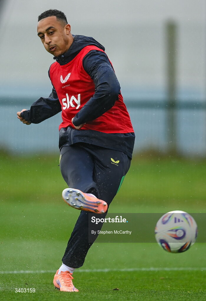 24 March 2026; Adam Idah during a Republic of Ireland men's training session at the FAI National Training Centre in Abbotstown, Dublin. Photo by Stephen McCarthy/Sportsfile