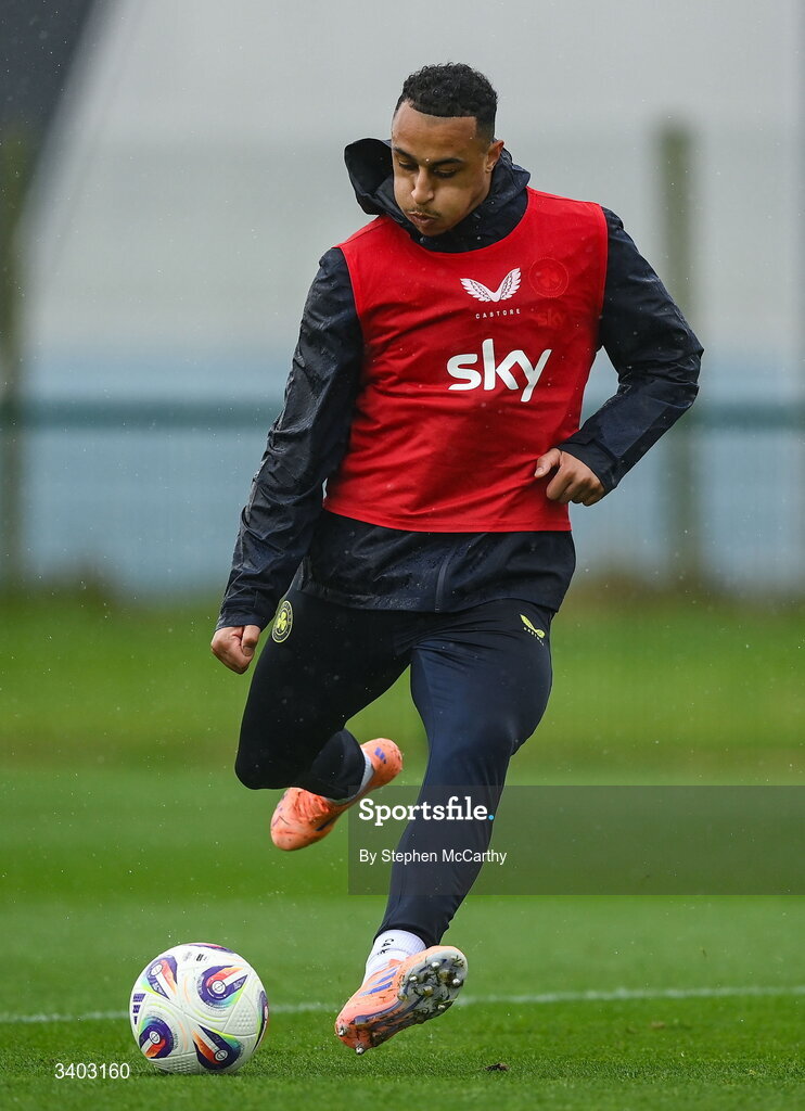 24 March 2026; Adam Idah during a Republic of Ireland men's training session at the FAI National Training Centre in Abbotstown, Dublin. Photo by Stephen McCarthy/Sportsfile