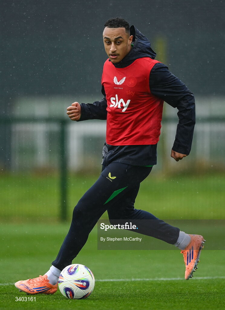 24 March 2026; Adam Idah during a Republic of Ireland men's training session at the FAI National Training Centre in Abbotstown, Dublin. Photo by Stephen McCarthy/Sportsfile