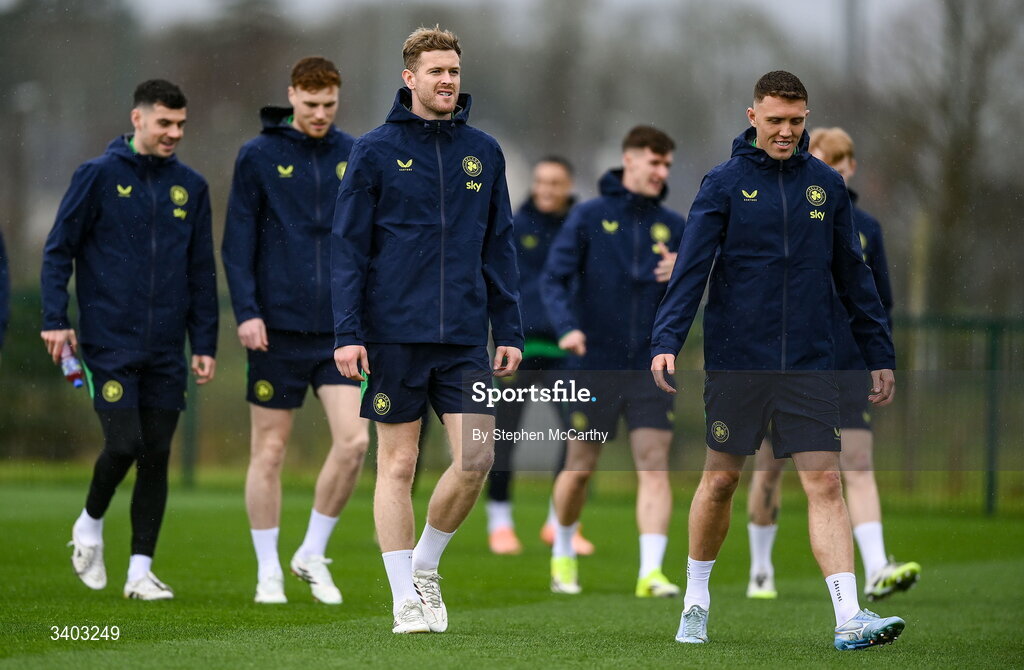 24 March 2026; Players, from left, John Egan, Jake O'Brien, Nathan Collins and Dara O'Shea arrive for a Republic of Ireland men's training session at the FAI National Training Centre in Abbotstown, Dublin. Photo by Stephen McCarthy/Sportsfile