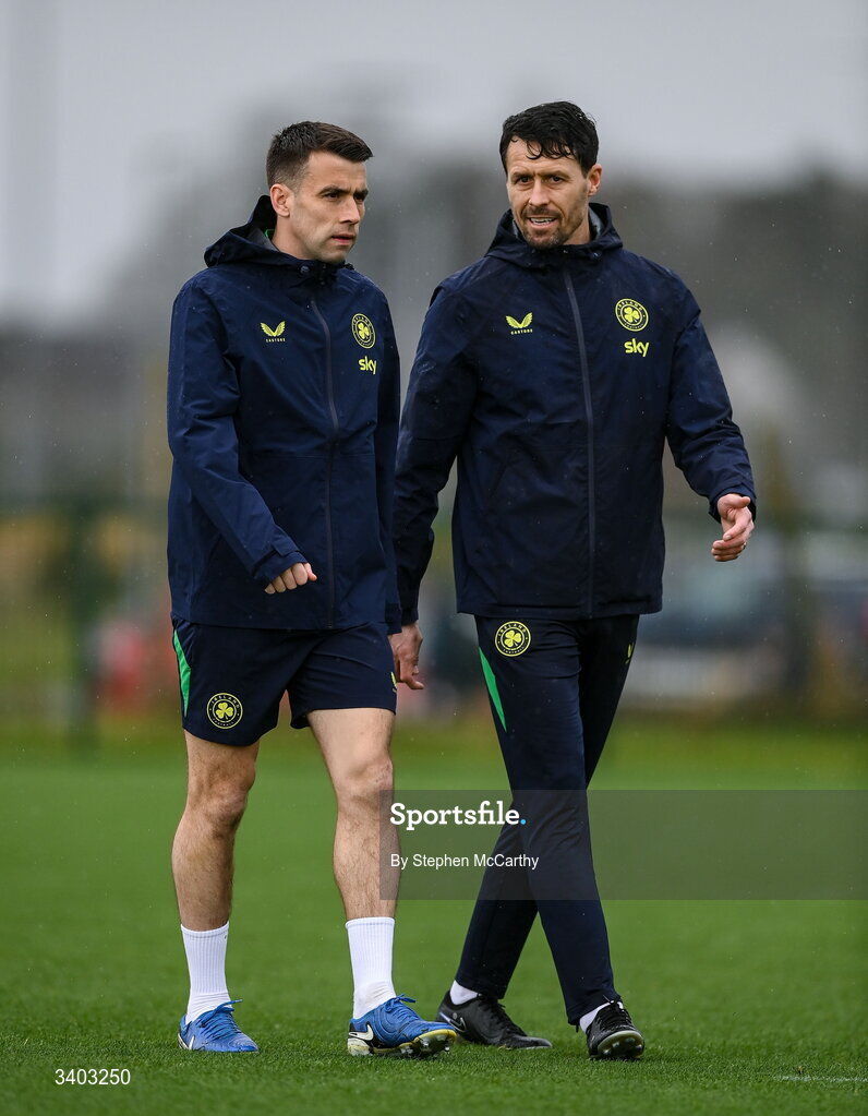 24 March 2026; Seamus Coleman, left, and assistant coach Paddy McCarthy during a Republic of Ireland men's training session at the FAI National Training Centre in Abbotstown, Dublin. Photo by Stephen McCarthy/Sportsfile