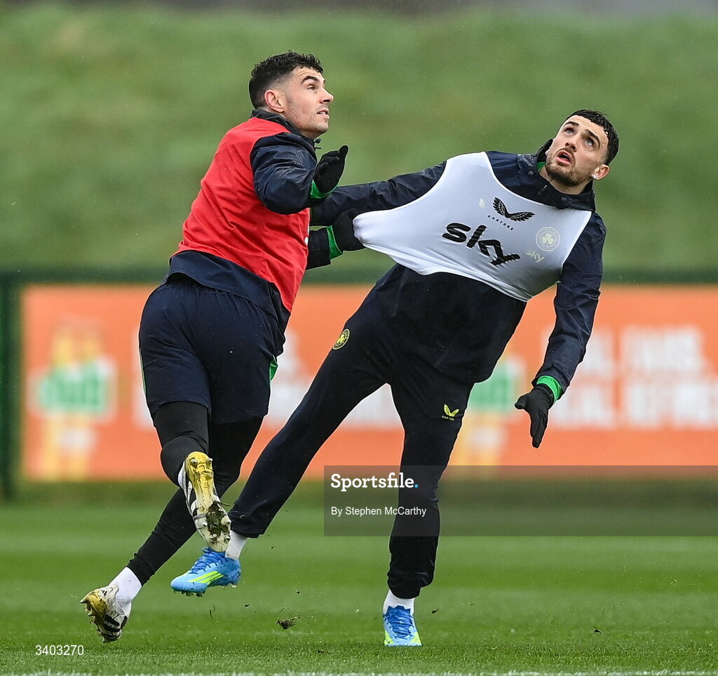 24 March 2026; Troy Parrott and John Egan, left, during a Republic of Ireland men's training session at the FAI National Training Centre in Abbotstown, Dublin. Photo by Stephen McCarthy/Sportsfile