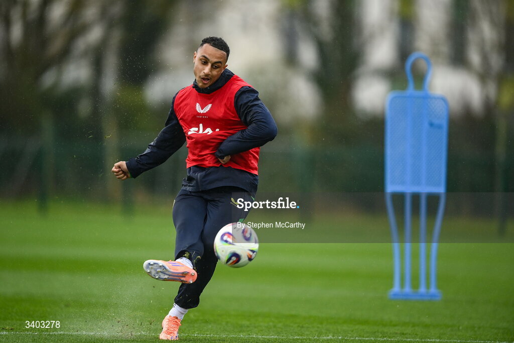 24 March 2026; Adam Idah during a Republic of Ireland men's training session at the FAI National Training Centre in Abbotstown, Dublin. Photo by Stephen McCarthy/Sportsfile