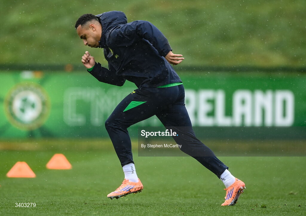 24 March 2026; Adam Idah during a Republic of Ireland men's training session at the FAI National Training Centre in Abbotstown, Dublin. Photo by Stephen McCarthy/Sportsfile