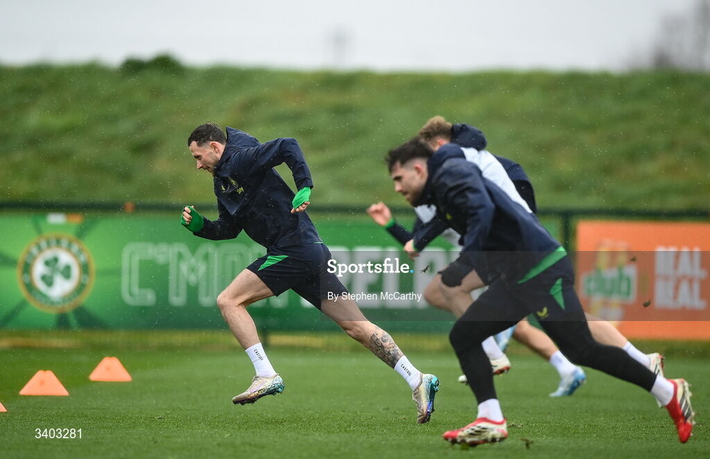24 March 2026; Alan Browne, left, during a Republic of Ireland men's training session at the FAI National Training Centre in Abbotstown, Dublin. Photo by Stephen McCarthy/Sportsfile