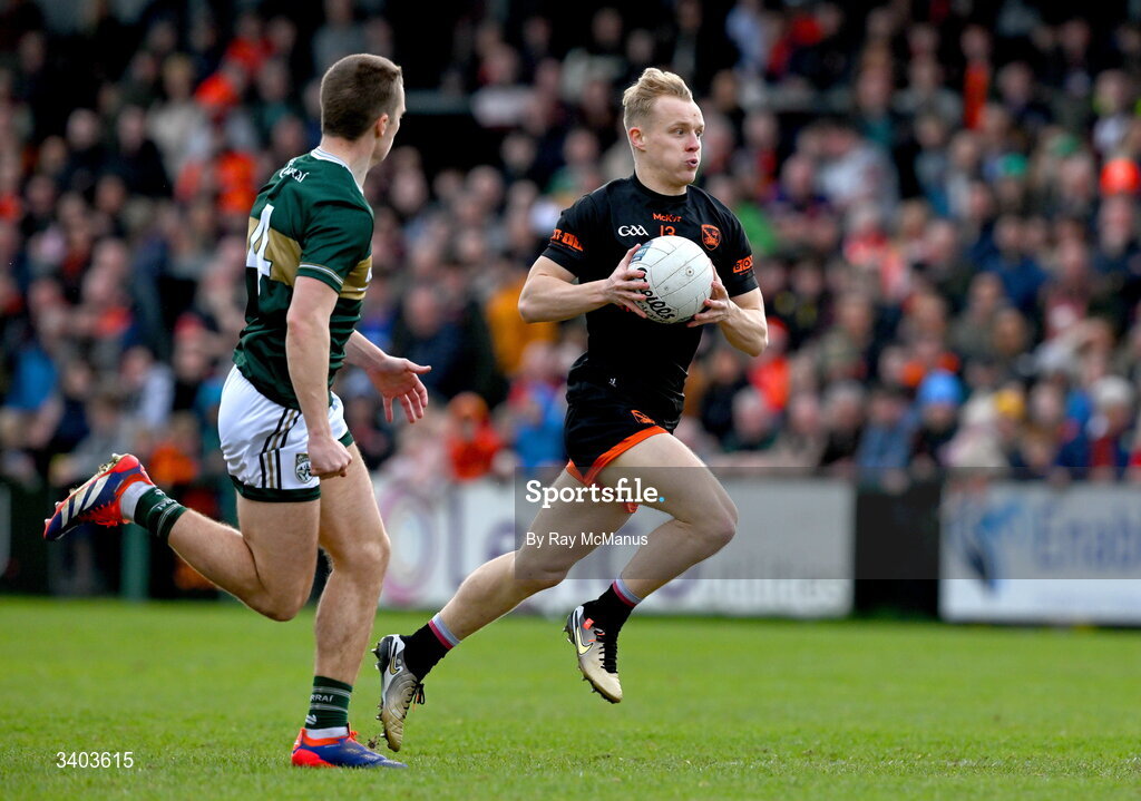 22 March 2026; Cian McConville of Armagh in action against Dylan Casey of Kerry during the Allianz Football League Division 1 match between Armagh and Kerry at BOX-IT Athletic Grounds in Armagh. Photo by Ray McManus/Sportsfile