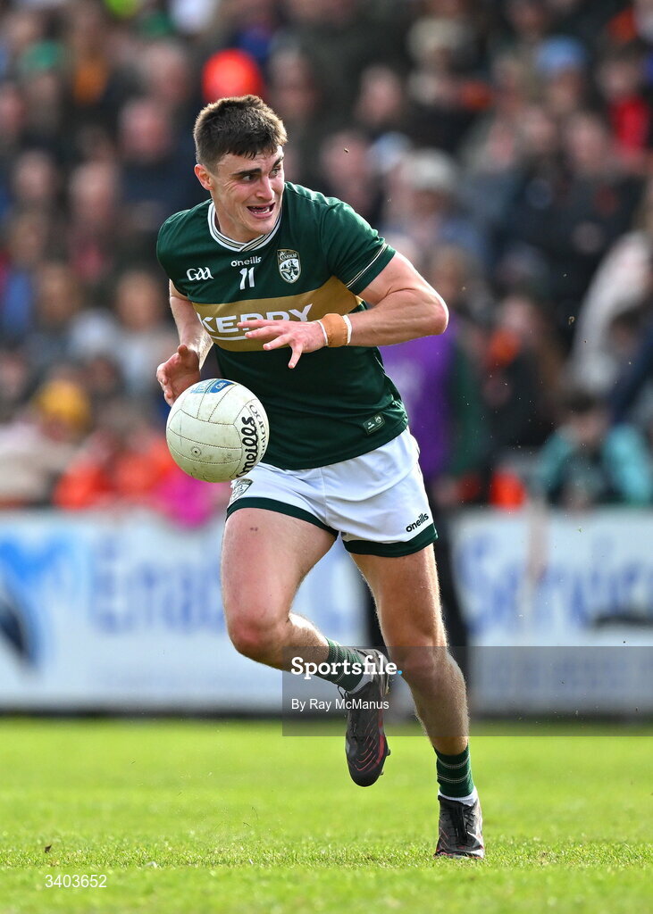 22 March 2026; Seán O'Shea of Kerry during the Allianz Football League Division 1 match between Armagh and Kerry at BOX-IT Athletic Grounds in Armagh. Photo by Ray McManus/Sportsfile