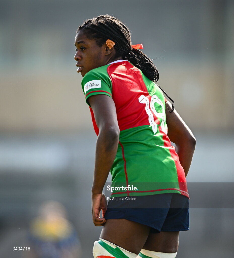 21 March 2026; Faith Oviawe of Clovers during the Celtic Challenge semi-final match between Clovers and Gwalia Lightning at Dexcom Stadium in Galway. Photo by Shauna Clinton/Sportsfile
