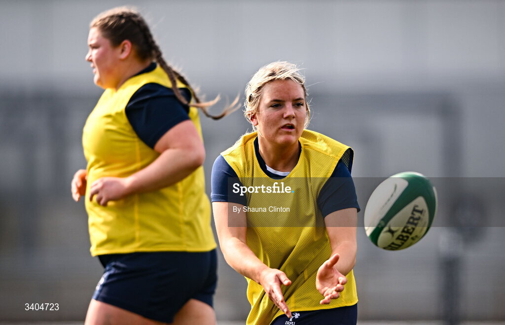 21 March 2026; Kate Flannery of Clovers warms-up before the Celtic Challenge semi-final match between Clovers and Gwalia Lightning at Dexcom Stadium in Galway. Photo by Shauna Clinton/Sportsfile