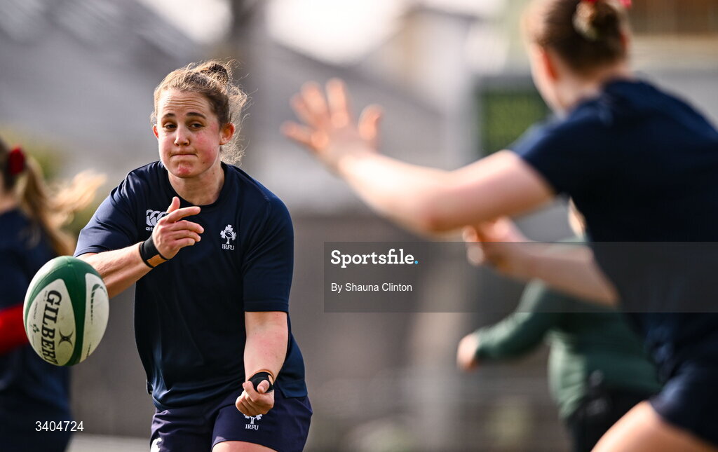 21 March 2026; Enya Breen of Clovers warms-up before the Celtic Challenge semi-final match between Clovers and Gwalia Lightning at Dexcom Stadium in Galway. Photo by Shauna Clinton/Sportsfile