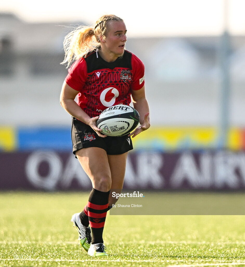 21 March 2026; Seren Lockwood of Brython Thunder in action against Eve Higgins of Wolfhounds during the Celtic Challenge semi-final match between Wolfhounds and Brython Thunder at Dexcom Stadium in Galway. Photo by Shauna Clinton/Sportsfile