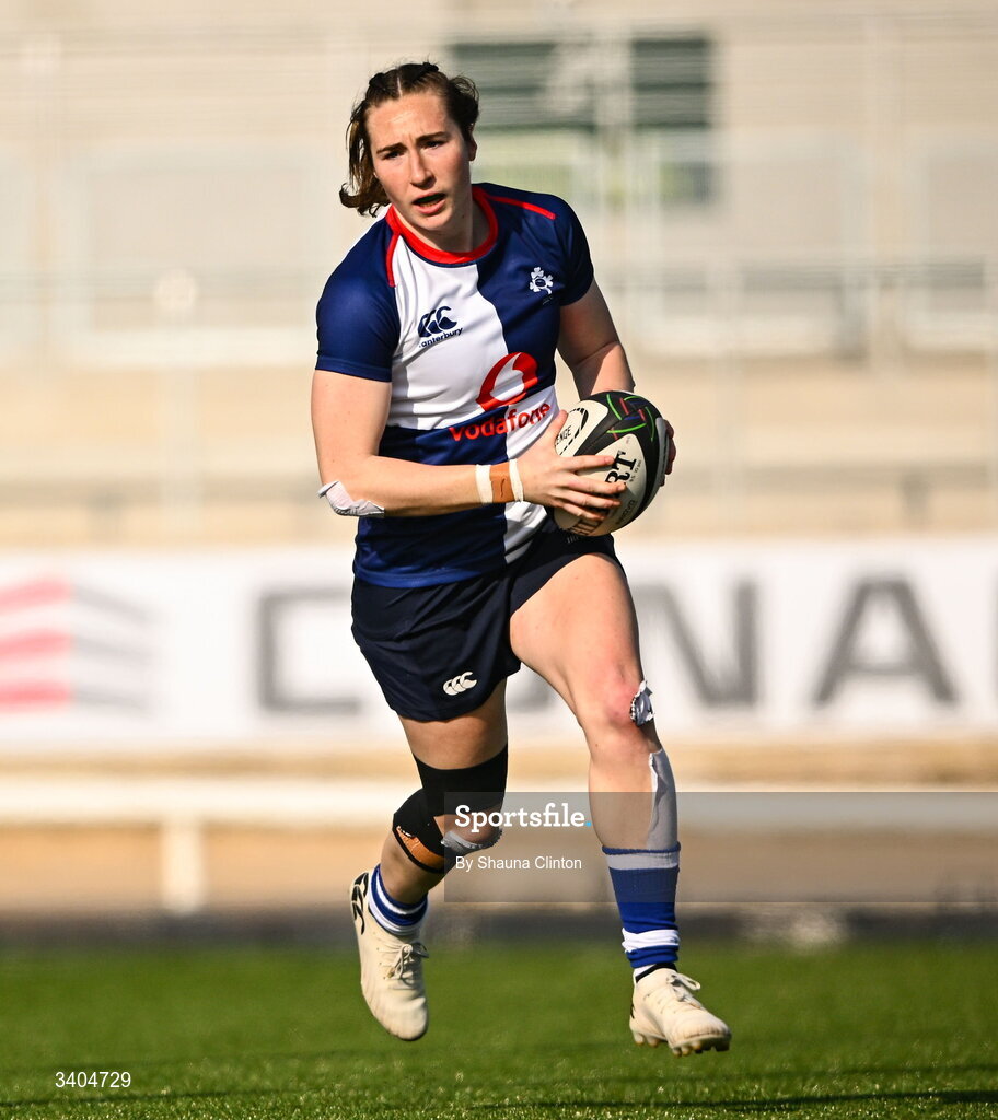 21 March 2026; Eve Higgins of Wolfhounds during the Celtic Challenge semi-final match between Wolfhounds and Brython Thunder at Dexcom Stadium in Galway. Photo by Shauna Clinton/Sportsfile