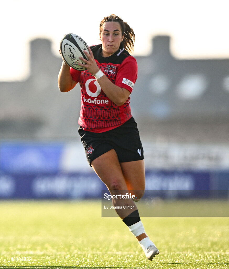21 March 2026; Courtney Keight of Brython Thunder during the Celtic Challenge semi-final match between Wolfhounds and Brython Thunder at Dexcom Stadium in Galway. Photo by Shauna Clinton/Sportsfile