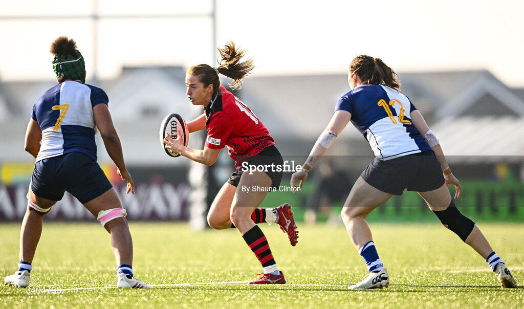 21 March 2026; Robyn Davies of Brython Thunder in action against Grace Moore, left, and Eve Higgins of Wolfhounds during the Celtic Challenge semi-final match between Wolfhounds and Brython Thunder at Dexcom Stadium in Galway. Photo by Shauna Clinton/Sportsfile