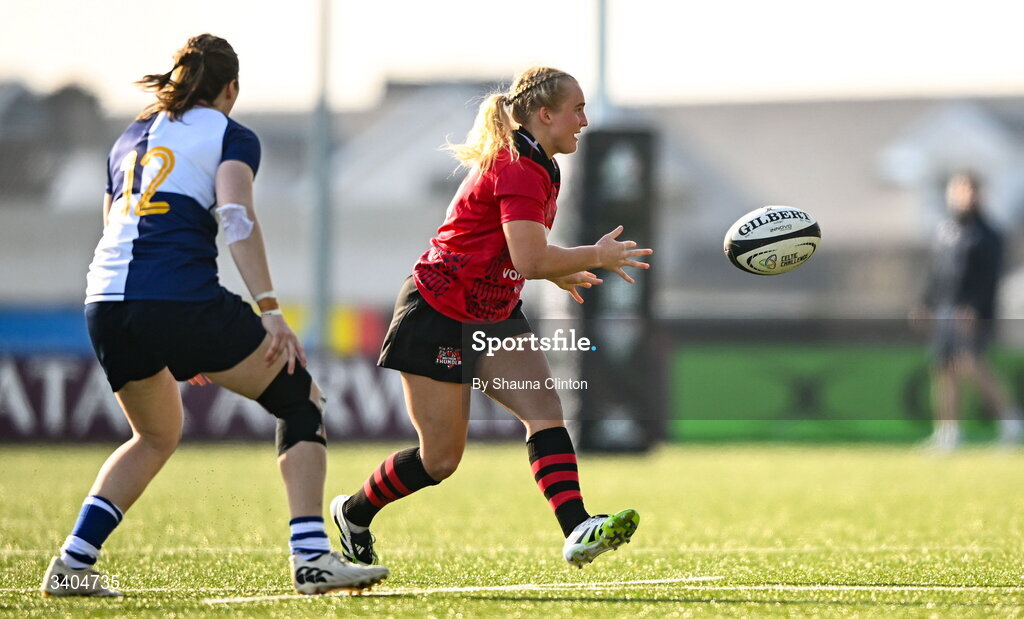 21 March 2026; Seren Lockwood of Brython Thunder in action against Eve Higgins of Wolfhounds during the Celtic Challenge semi-final match between Wolfhounds and Brython Thunder at Dexcom Stadium in Galway. Photo by Shauna Clinton/Sportsfile