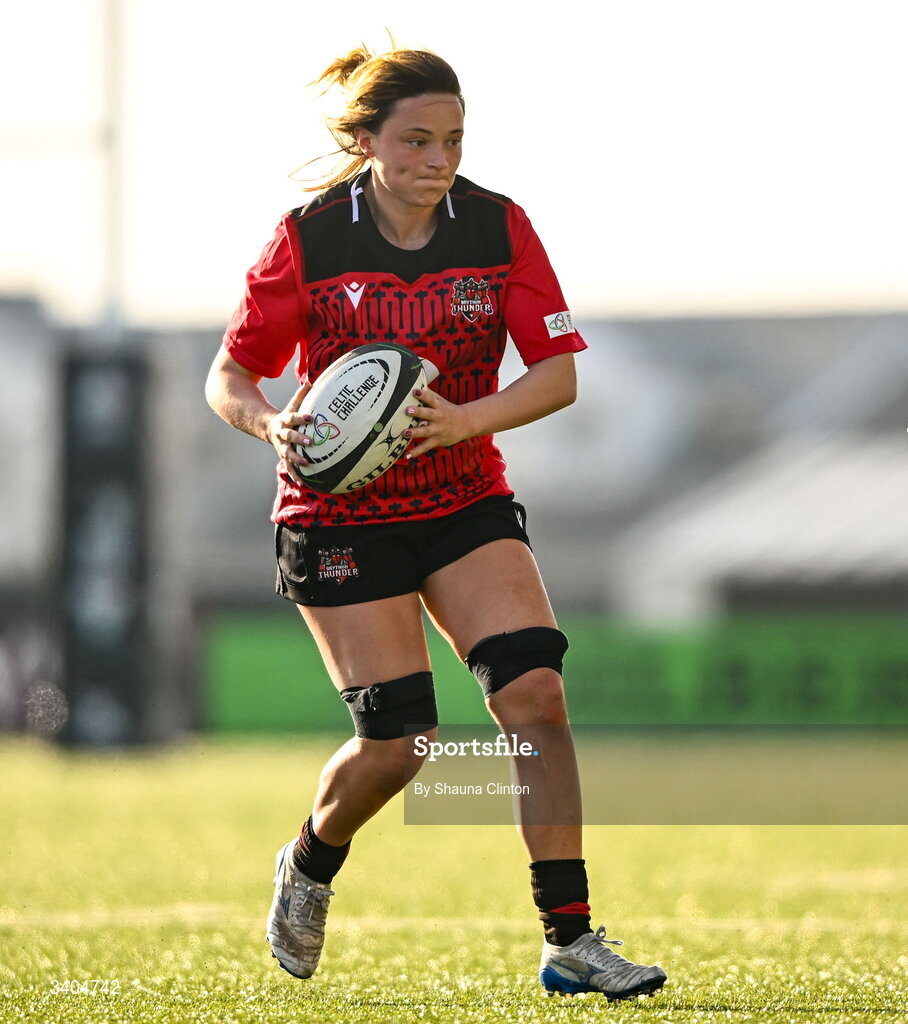 21 March 2026; Alisha Joyce of Brython Thunder during the Celtic Challenge semi-final match between Wolfhounds and Brython Thunder at Dexcom Stadium in Galway. Photo by Shauna Clinton/Sportsfile