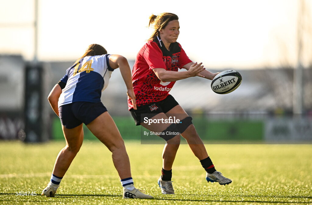 21 March 2026; Alisha Joyce of Brython Thunder in action against Robyn O'Connor of Wolfhounds during the Celtic Challenge semi-final match between Wolfhounds and Brython Thunder at Dexcom Stadium in Galway. Photo by Shauna Clinton/Sportsfile