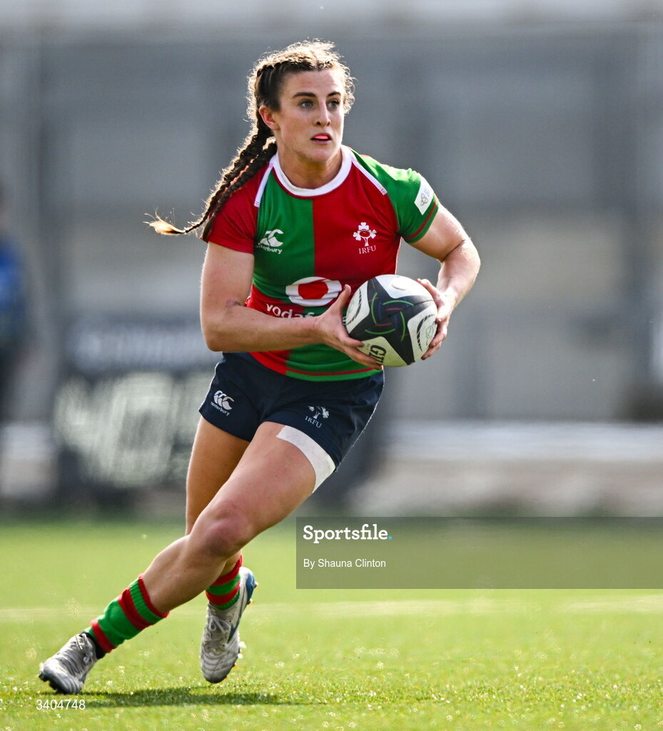 21 March 2026; Emily Lane of Clovers during the Celtic Challenge semi-final match between Clovers and Gwalia Lightning at Dexcom Stadium in Galway. Photo by Shauna Clinton/Sportsfile