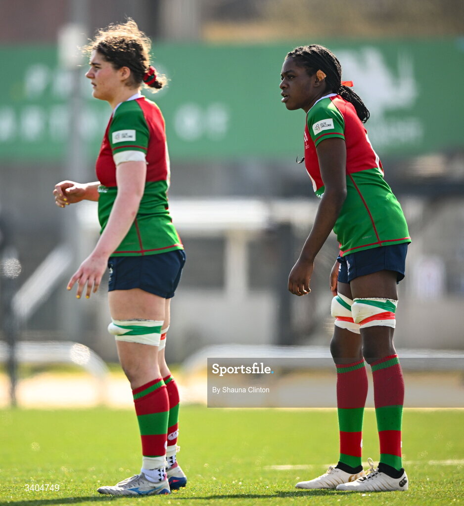 21 March 2026; Jemima Adams Verling, left, and Faith Oviawe of Clovers during the Celtic Challenge semi-final match between Clovers and Gwalia Lightning at Dexcom Stadium in Galway. Photo by Shauna Clinton/Sportsfile