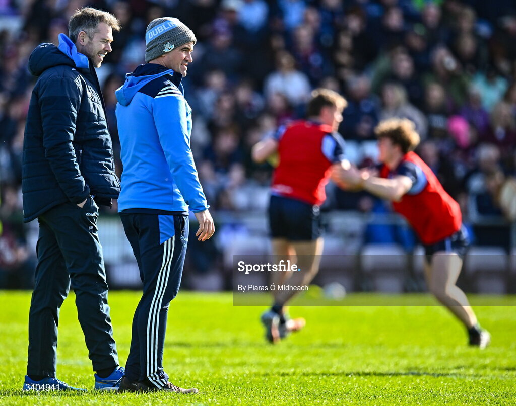 22 March 2026; Dublin manager Ger Brennan, right, and Dublin coach Dean Rock before the Allianz Football League Division 1 match between Galway and Dublin at Pearse Stadium in Galway. Photo by Piaras Ó Mídheach/Sportsfile