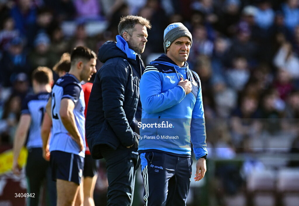 22 March 2026; Dublin manager Ger Brennan, right, and Dublin coach Dean Rock before the Allianz Football League Division 1 match between Galway and Dublin at Pearse Stadium in Galway. Photo by Piaras Ó Mídheach/Sportsfile