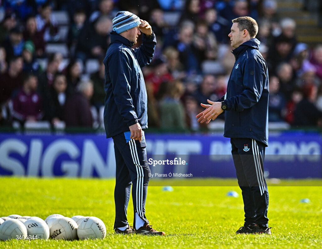 22 March 2026; Dublin coaches Stephen Cluxton, right, and Denis Bastick before the Allianz Football League Division 1 match between Galway and Dublin at Pearse Stadium in Galway. Photo by Piaras Ó Mídheach/Sportsfile