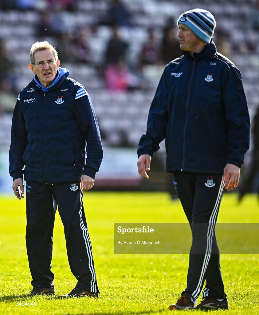 22 March 2026; Dublin selectors Niall Moyna, left, and Denis Bastick before the Allianz Football League Division 1 match between Galway and Dublin at Pearse Stadium in Galway. Photo by Piaras Ó Mídheach/Sportsfile