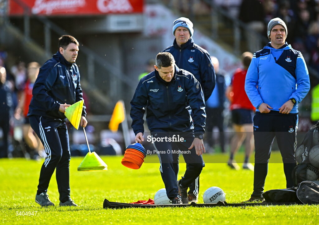 22 March 2026; Dublin backroom team members, from left,  Josh Warde, coach Stephen Cluxton, coach Denis Bastick and manager Ger Brennan before the Allianz Football League Division 1 match between Galway and Dublin at Pearse Stadium in Galway. Photo by Piaras Ó Mídheach/Sportsfile