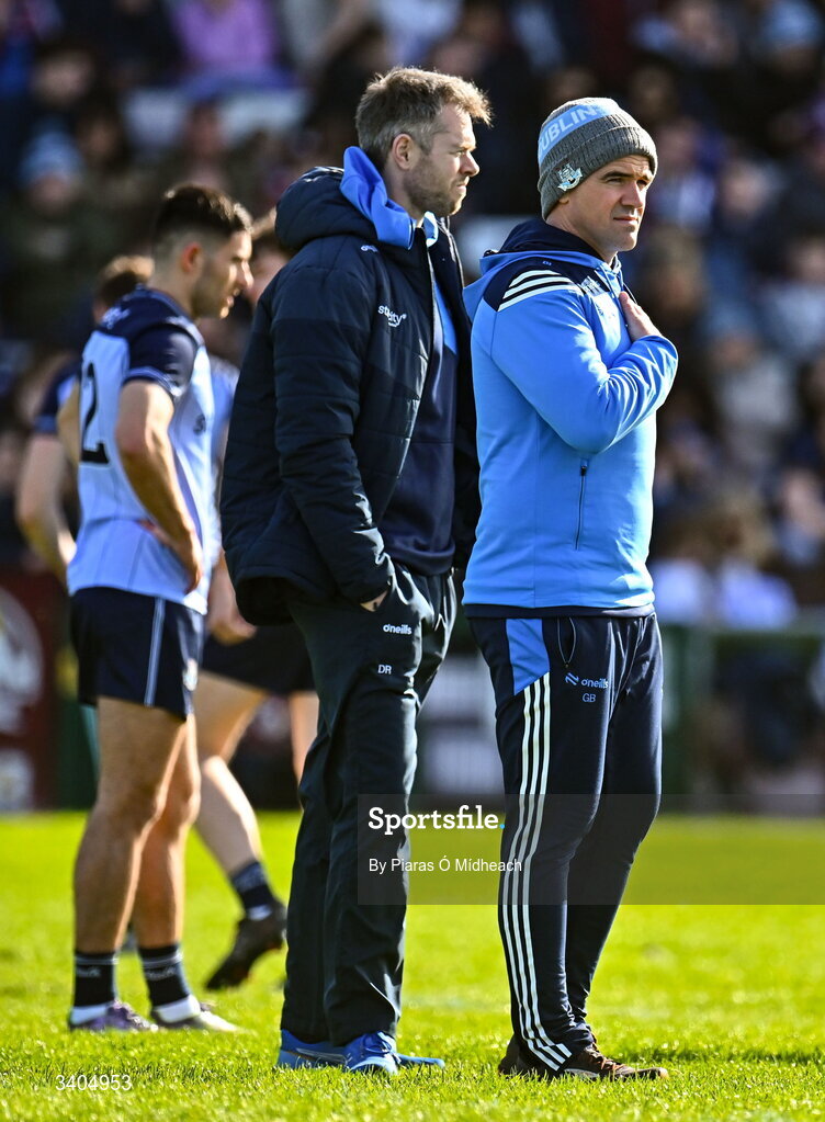 22 March 2026; Dublin manager Ger Brennan, right, and Dublin coach Dean Rock before the Allianz Football League Division 1 match between Galway and Dublin at Pearse Stadium in Galway. Photo by Piaras Ó Mídheach/Sportsfile