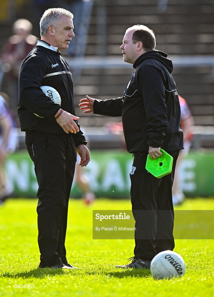 22 March 2026; Galway manager Padraic Joyce, left, and Galway selector Mickey Graham before the Allianz Football League Division 1 match between Galway and Dublin at Pearse Stadium in Galway. Photo by Piaras Ó Mídheach/Sportsfile