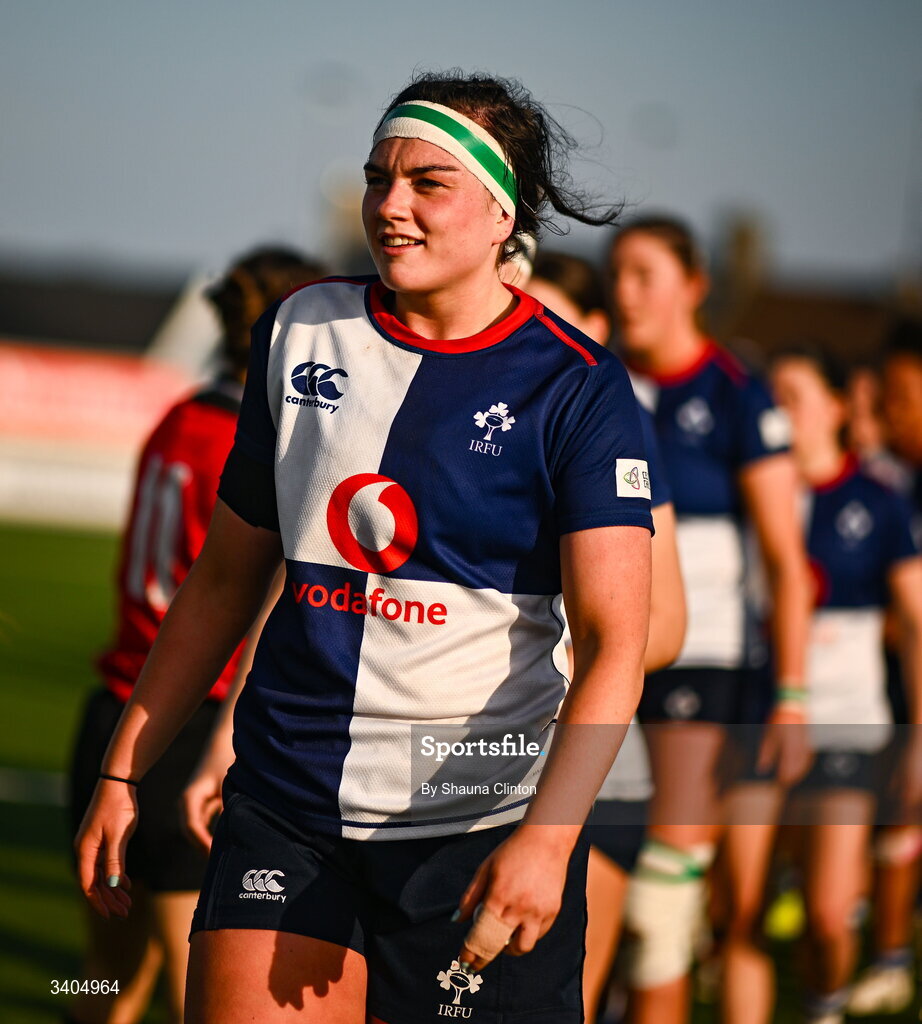 21 March 2026; Kate Jordan of Wolfhounds, centre, and team-mates after the Celtic Challenge semi-final match between Wolfhounds and Brython Thunder at Dexcom Stadium in Galway. Photo by Shauna Clinton/Sportsfile