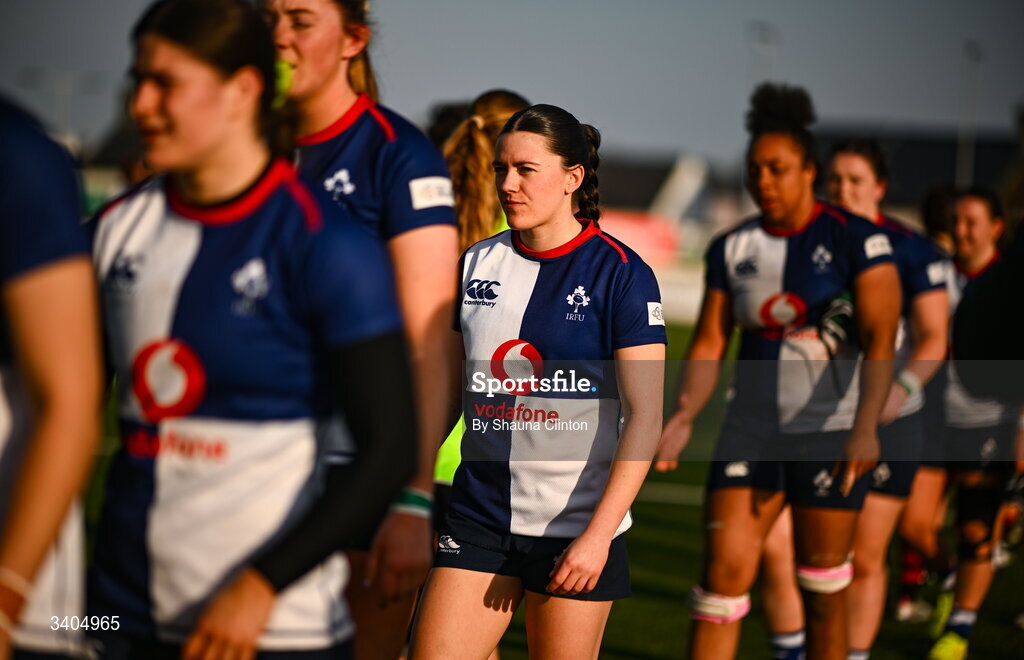 21 March 2026; Jade Gaffney of Wolfhounds, centre, and team-mates after the Celtic Challenge semi-final match between Wolfhounds and Brython Thunder at Dexcom Stadium in Galway. Photo by Shauna Clinton/Sportsfile